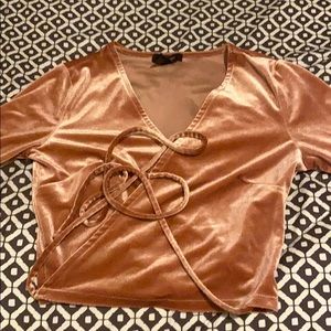 Pink velvet long sleeve back tie shirt